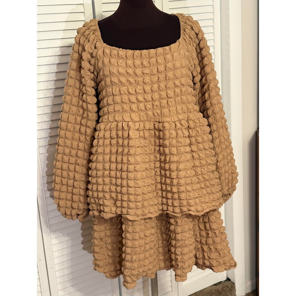Simply Southern Popcorn Bubble Dress  Camel Square Neck Tiered Mini Medium NWT